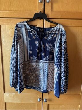 W5 Navy and White Paisley Patchwork Peasant Blouse